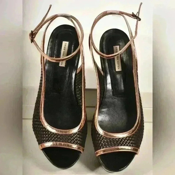 2010s DRIES VAN NOTEN Black Patent Woven Leather Platform Sandals 38EU 8US Italy - Picture 2 of 10